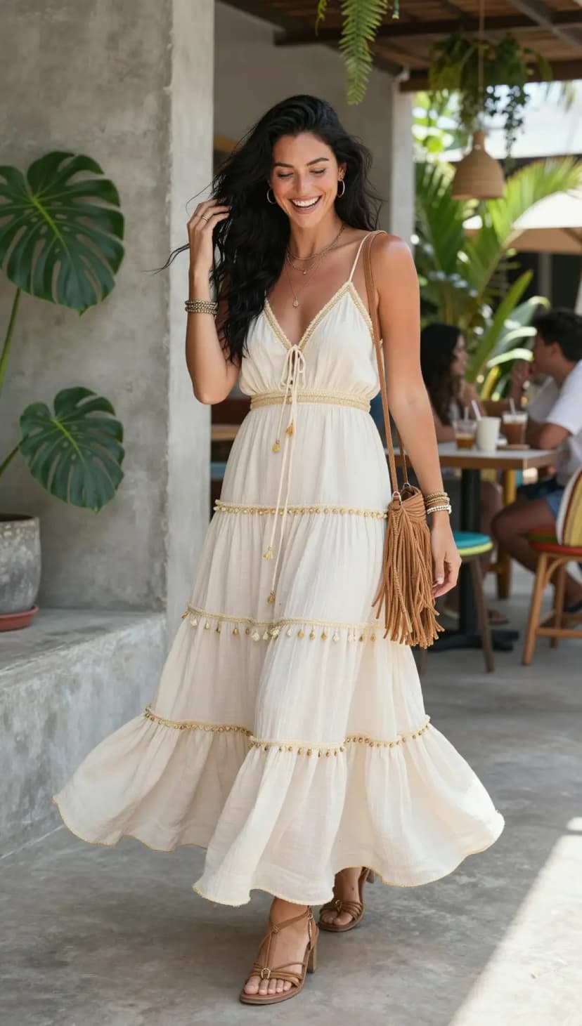 Cream Gauze Tiered Maxi Dress + Tan Strappy Heeled Sandals