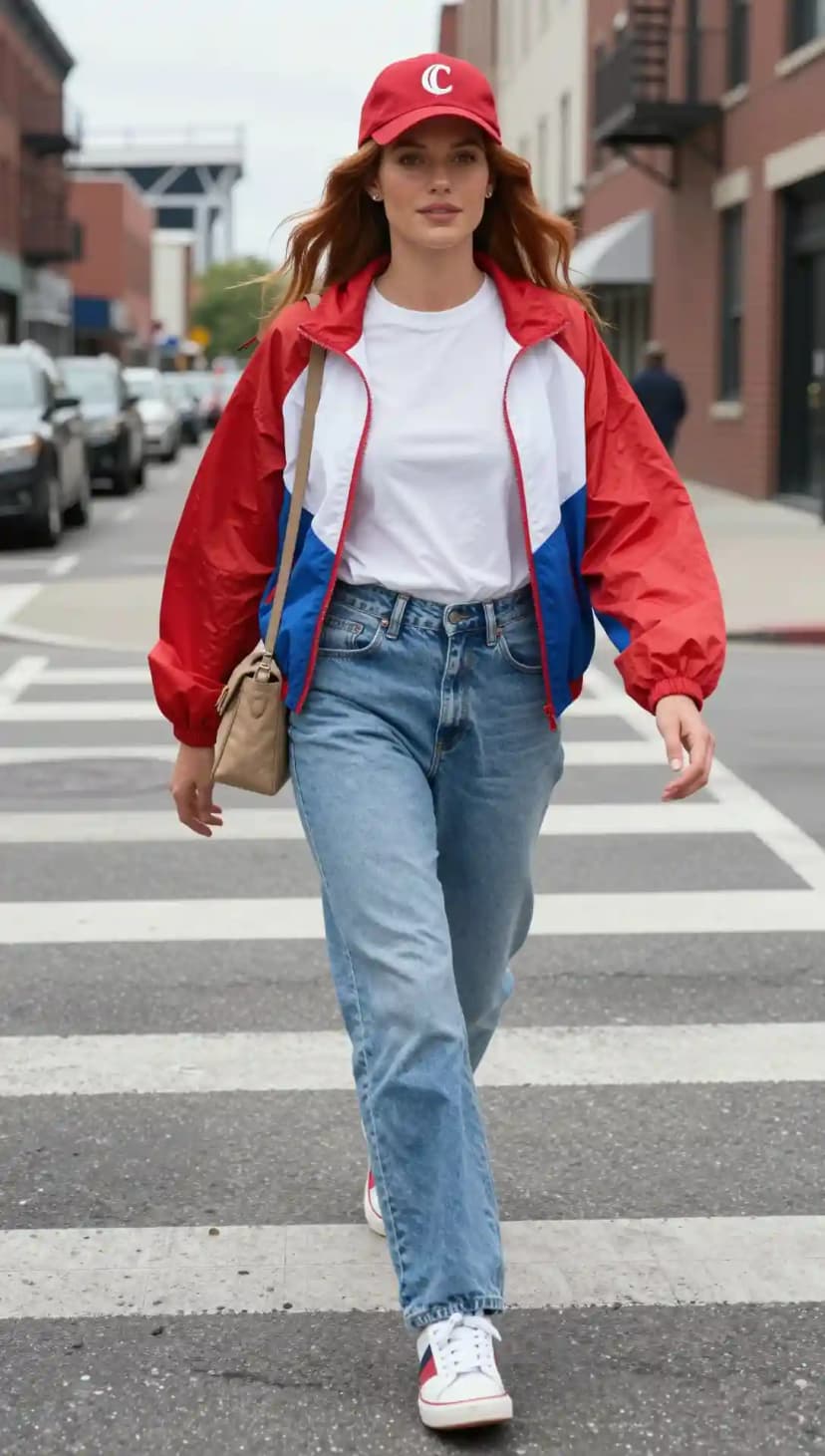 White Cotton T-shirt + Red Blue White Nylon Windbreaker + Light Blue Denim Jeans