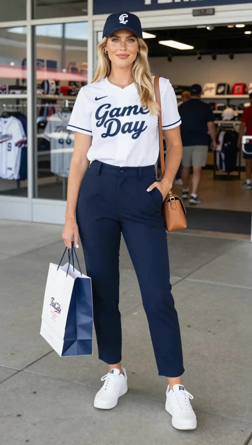 White Baseball Jersey + Navy Twill Trousers + Navy Baseball Cap