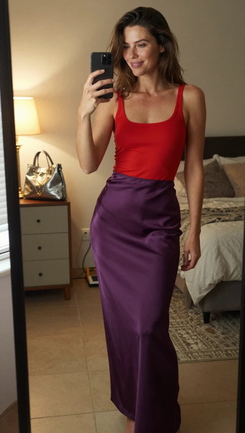 Red Ribbed Tank Top + Purple Satin Maxi Skirt
