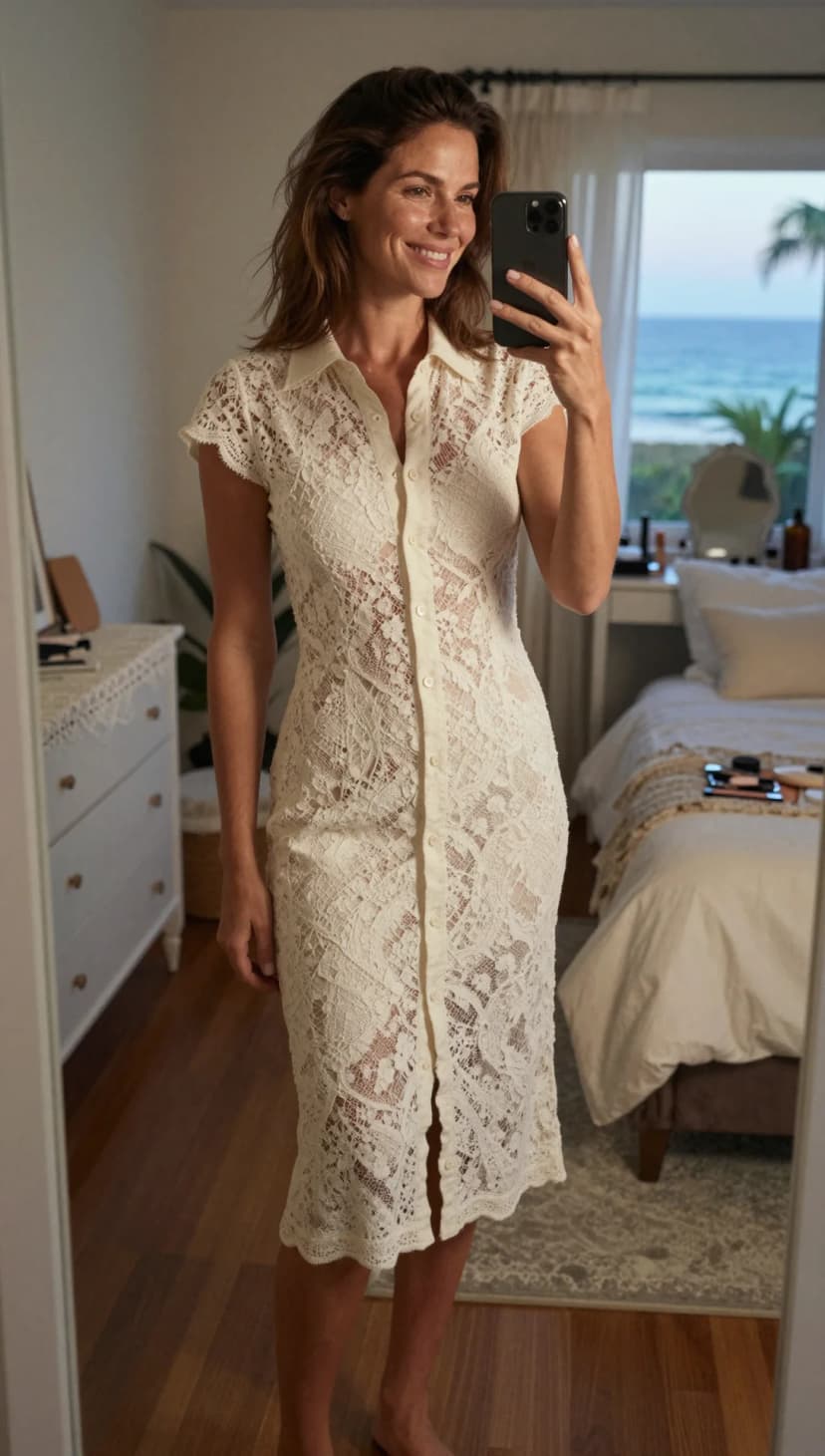 Cream Lace Button-Down Midi Dress