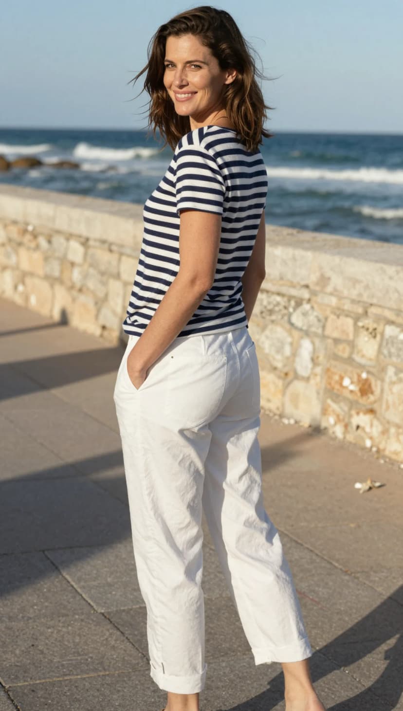 Navy Striped Cotton T-Shirt + White Linen Trousers