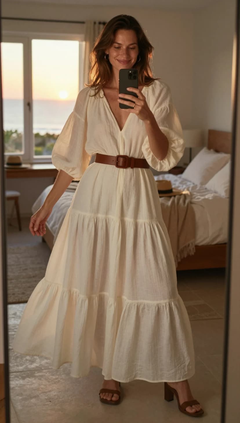 Cream Gauze Maxi Dress + Brown Leather Belt + Brown Block Heel Sandals