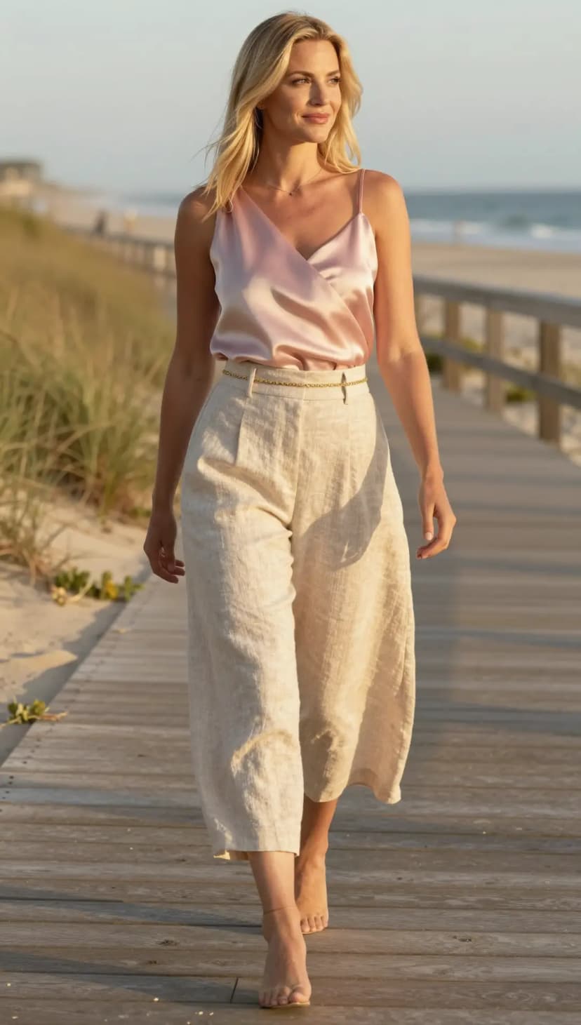 Pink Satin Camisole + Beige Linen Wide-Leg Trousers + Gold Chain Belt