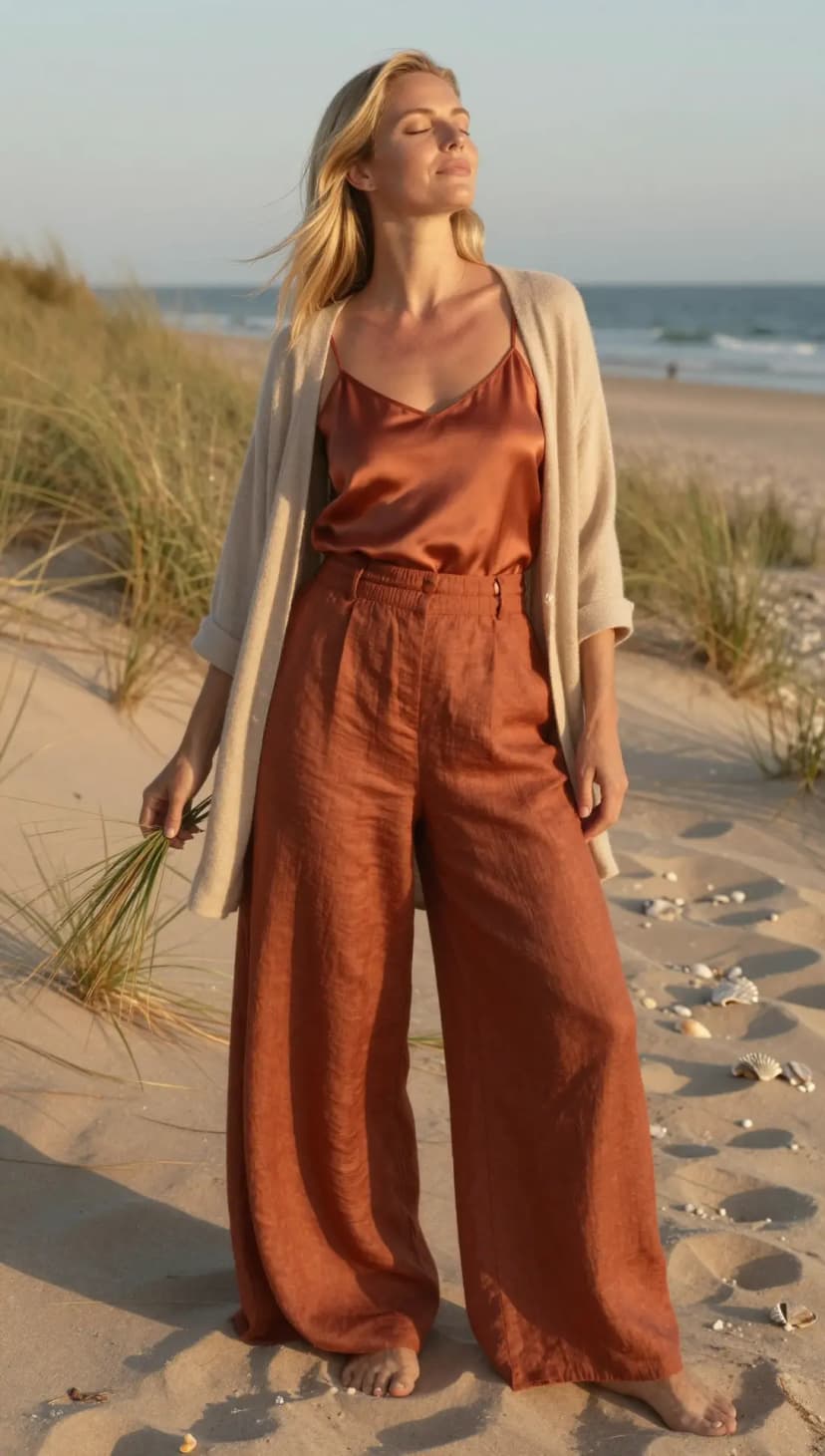 Copper Satin Camisole + Rust Linen Wide-Leg Trousers + Cream Knit Cardigan