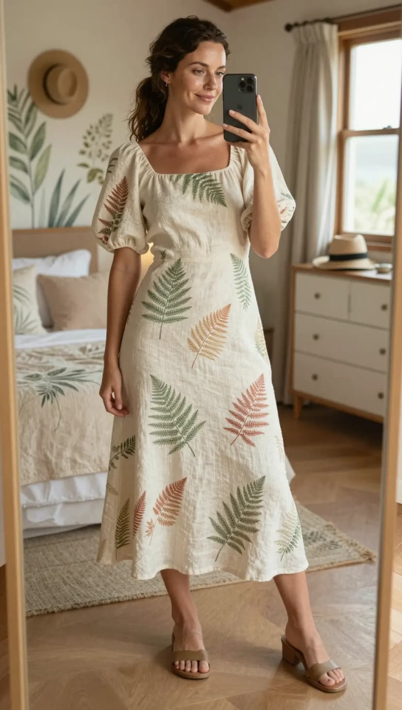 Cream Linen Puff Sleeve Midi Dress