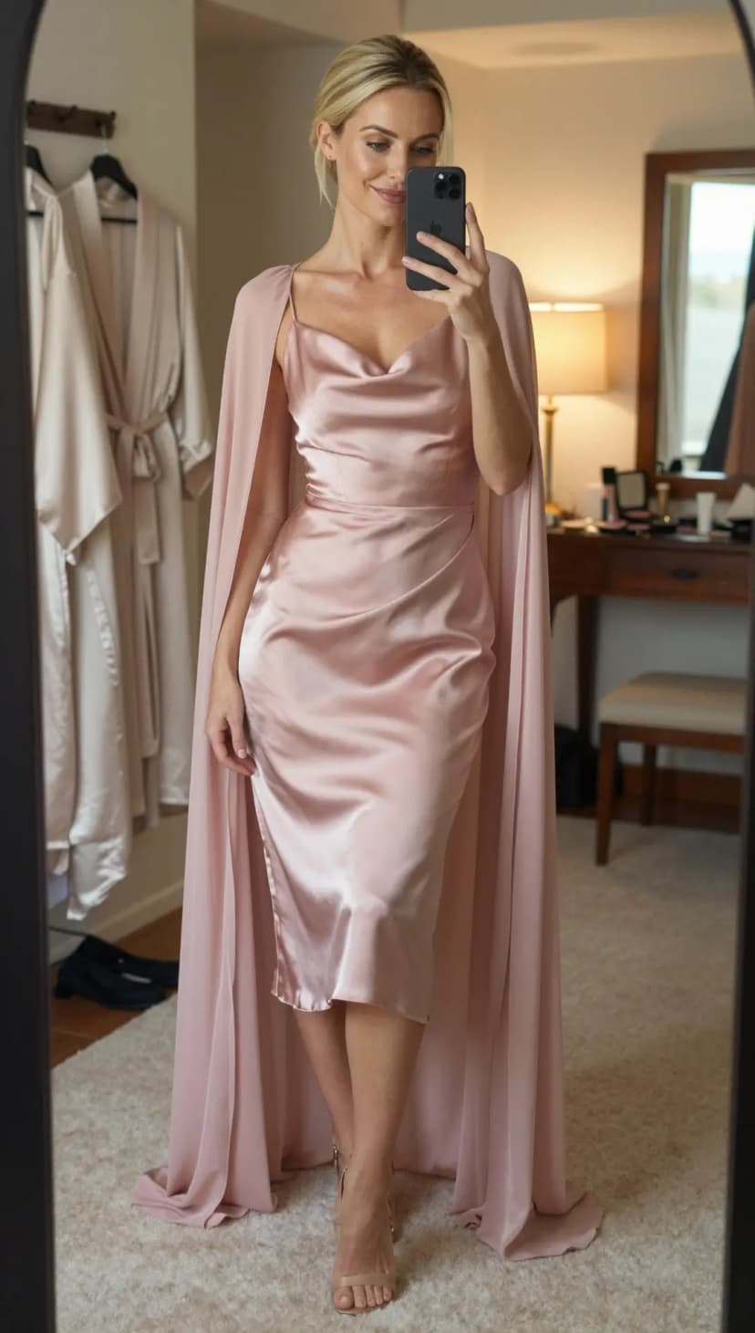 Dusty Rose Satin Cowl Neck Midi Dress + Dusty Rose Chiffon Cape