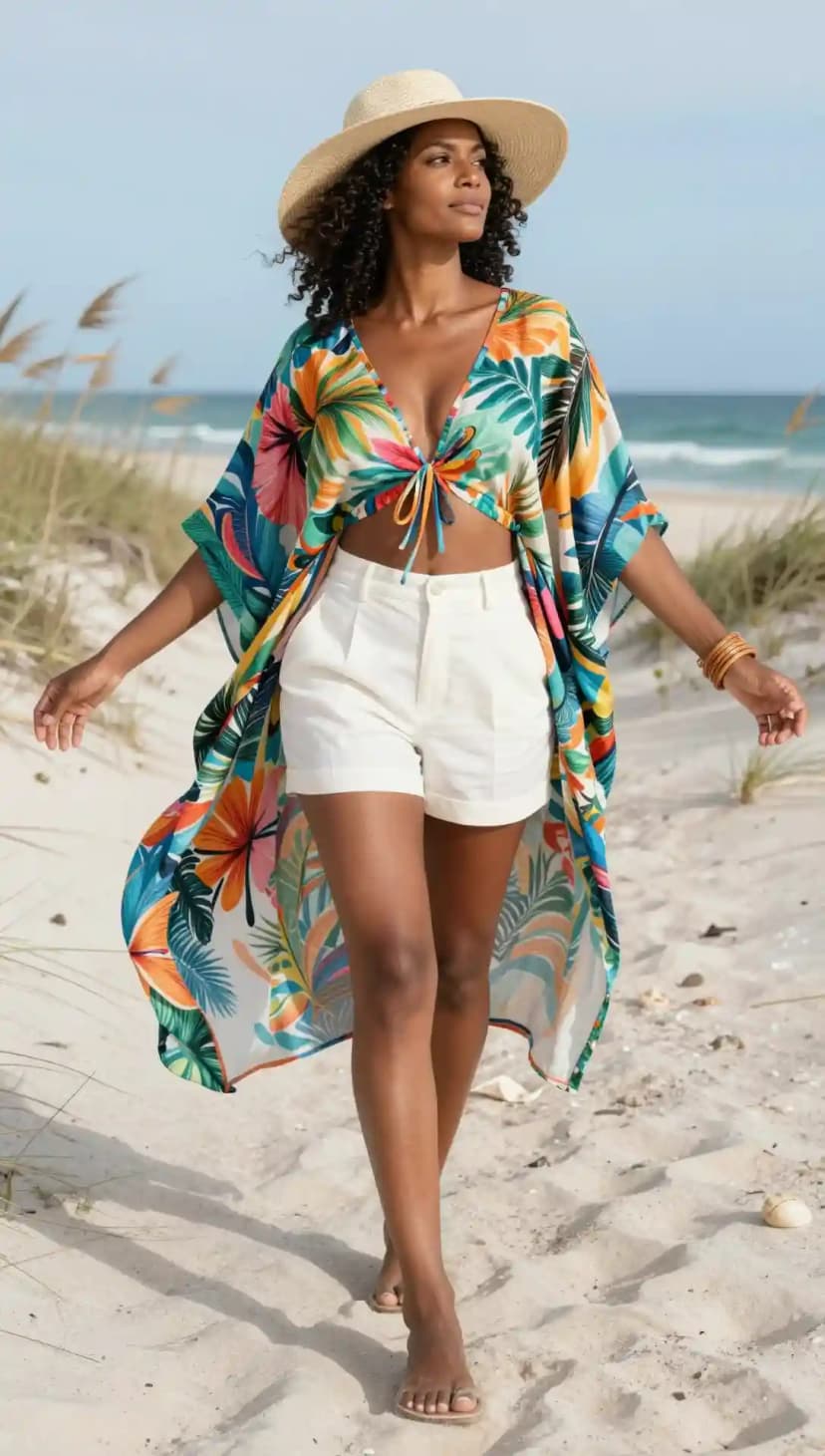 Vibrant tropical floral print kimono over white linen shorts and crop top on the beach