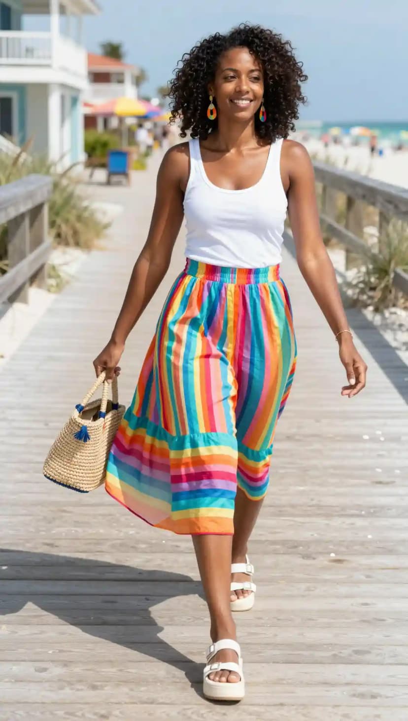 Joyful beach boardwalk outfit featuring a basic white tank and a brightly colored rainbow striped midi skirt