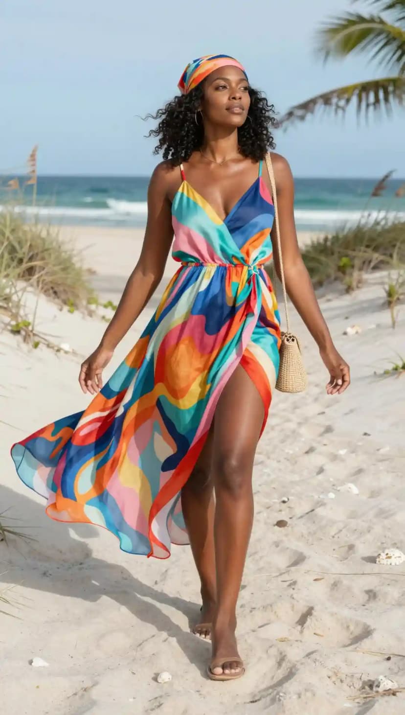 Vibrant 70s-inspired multicolor abstract print chiffon maxi dress with a matching headscarf walking on the beach
