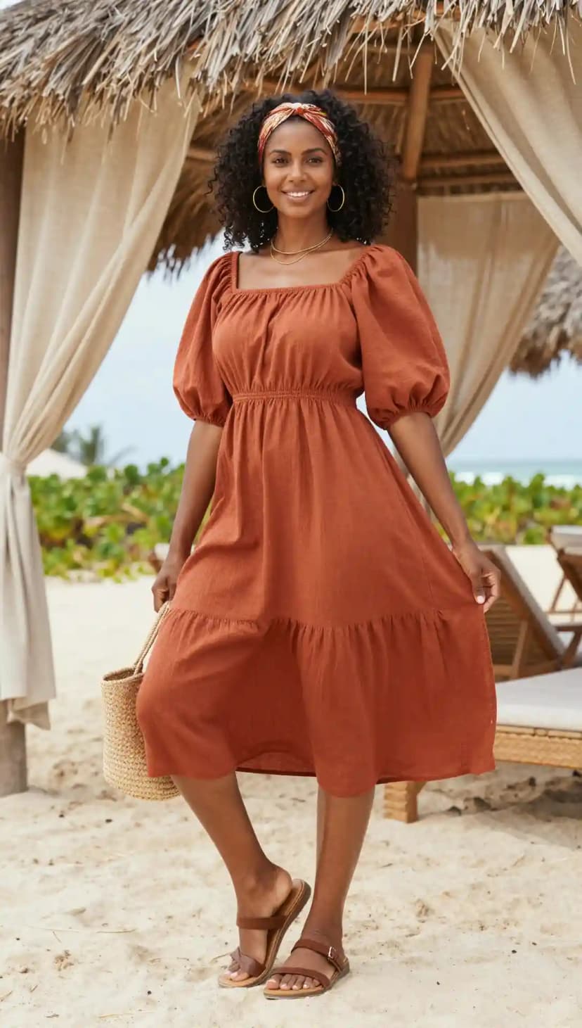 Earthy rust terracotta gauze midi dress with puff sleeves and a smocked waist, worn under a beach cabana