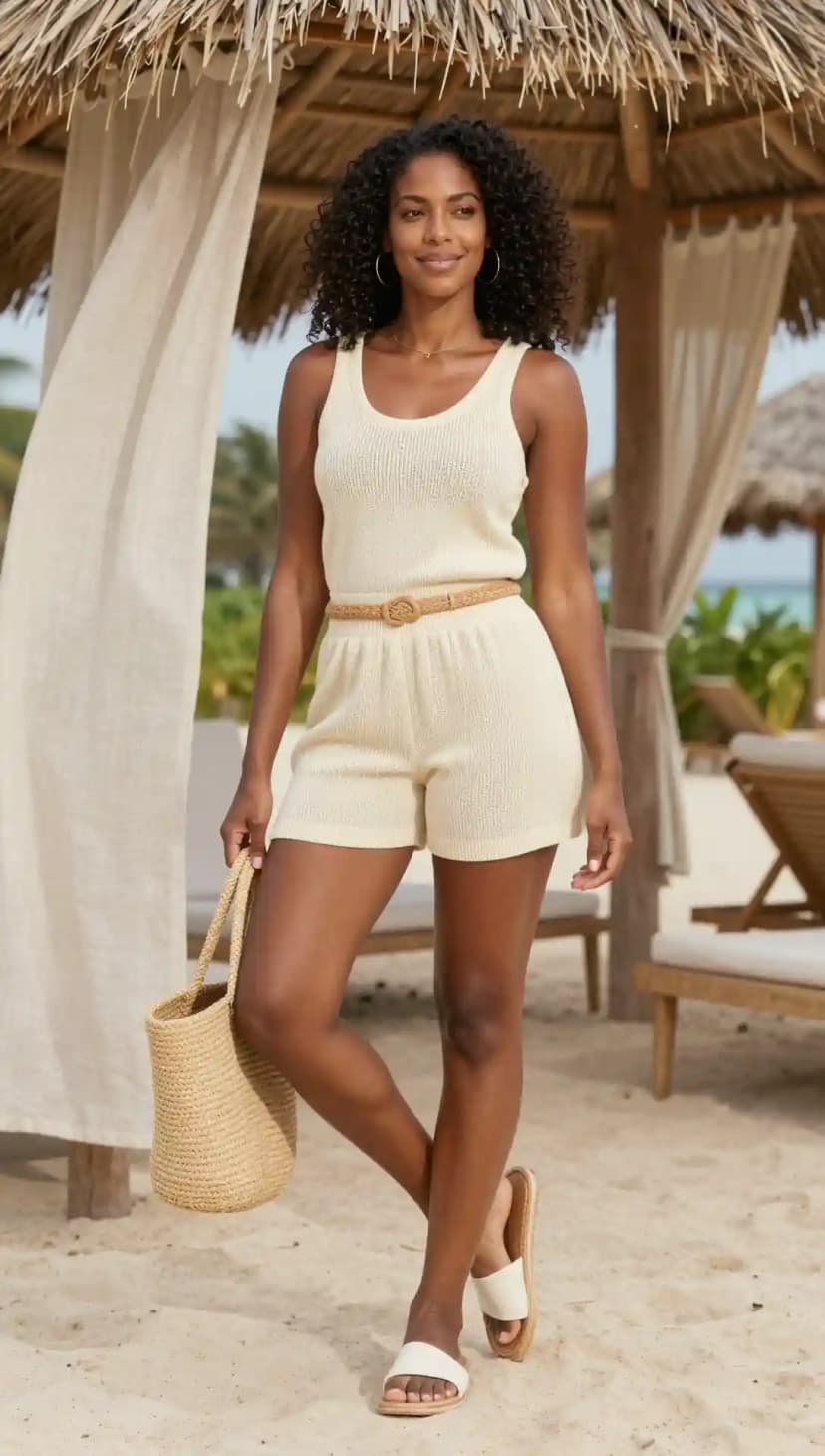 Elevated casual look with a cream fine-knit tank and shorts set, cinched with a woven rattan belt on the beach