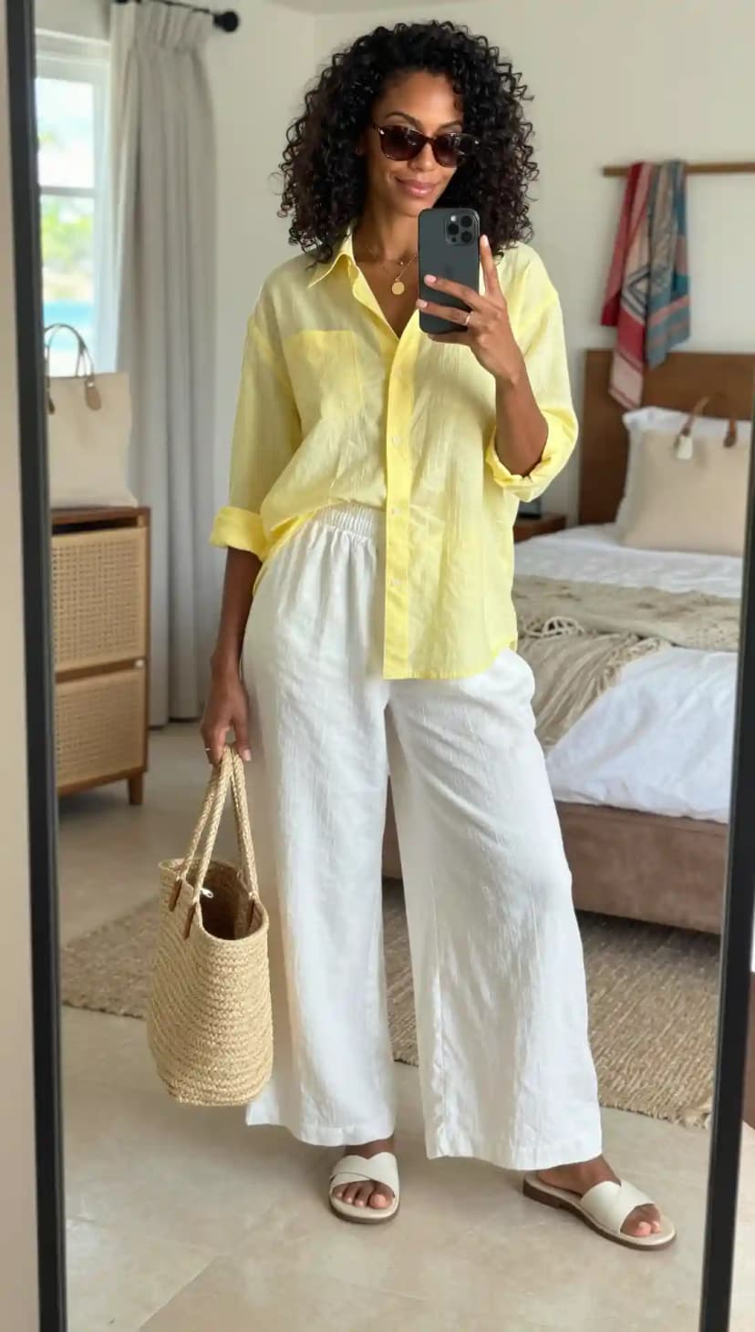 Effortless beach look featuring a pale yellow linen button-down shirt and wide-leg white linen trousers