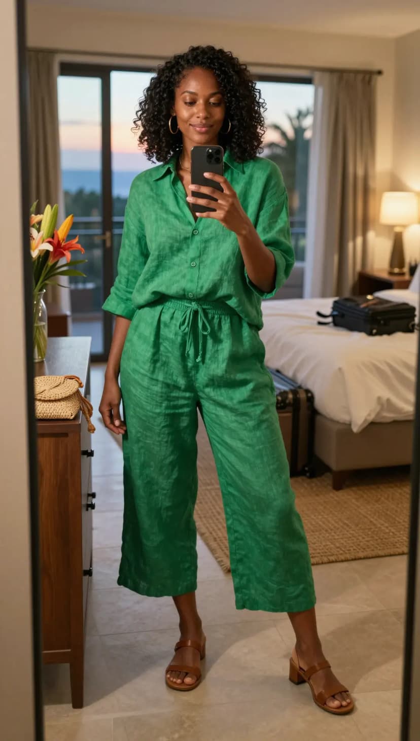 Green Linen Button-Up Shirt + Green Linen Wide-Leg Cropped Pants + Brown Leather Block Heel Sandals