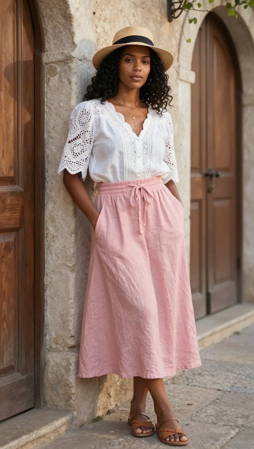 White Broderie Anglaise Blouse + Pink Linen Midi Skirt + Tan Leather Sandals