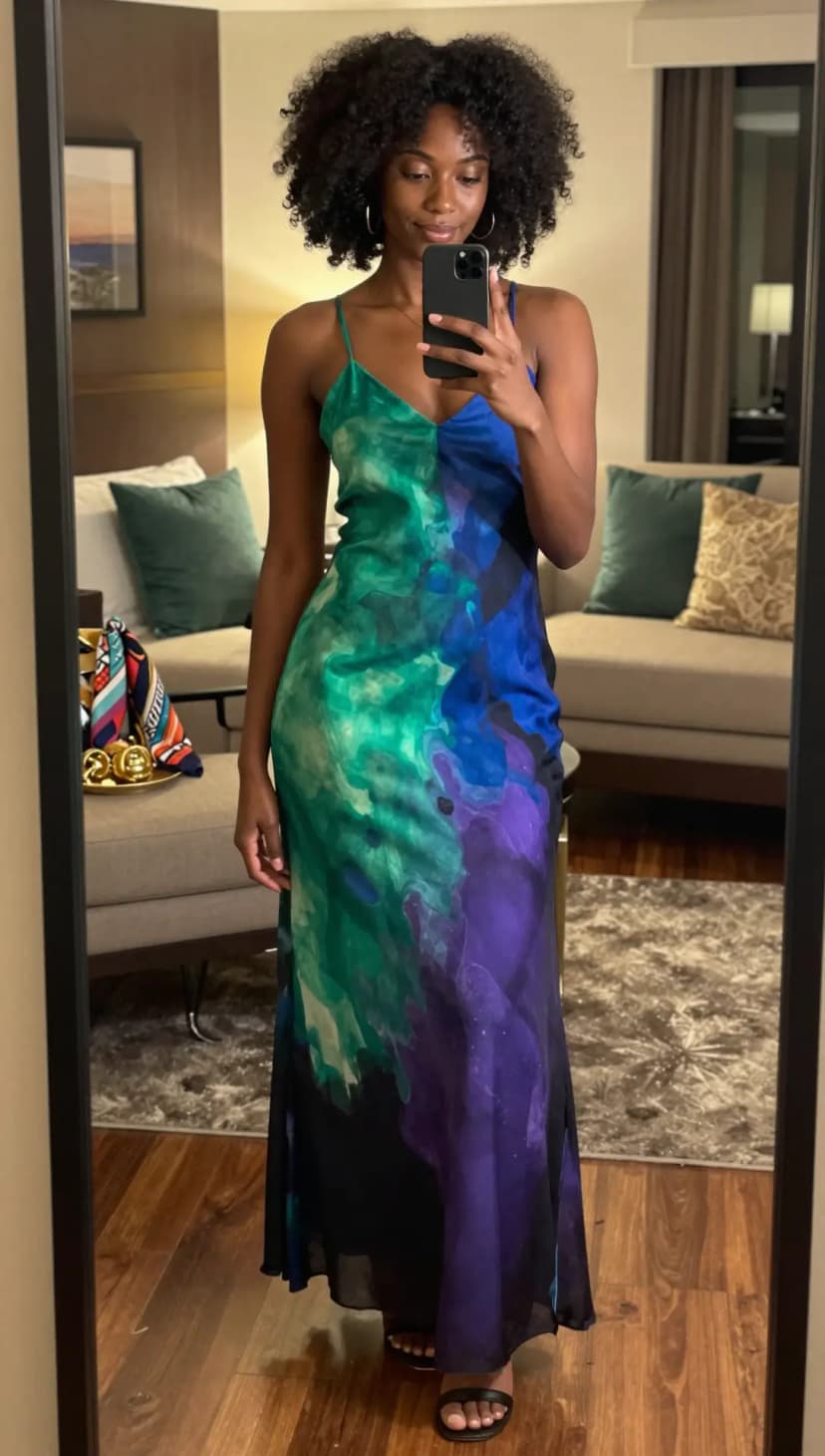 Blue and Green Swirl Print Silk Maxi Dress