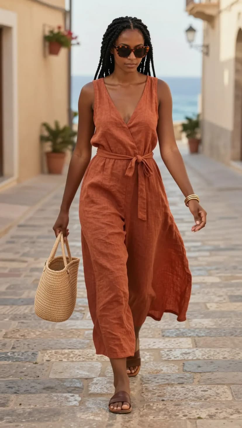 Rust Linen Wrap Jumpsuit + Brown Leather Slides + Straw Tote Bag