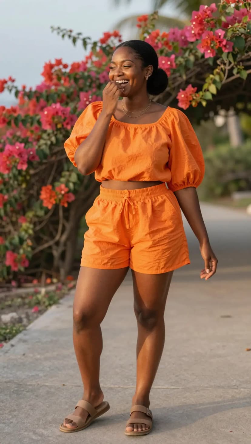 Orange Cotton Crop Top + Orange Cotton Shorts + Tan Slide Sandals