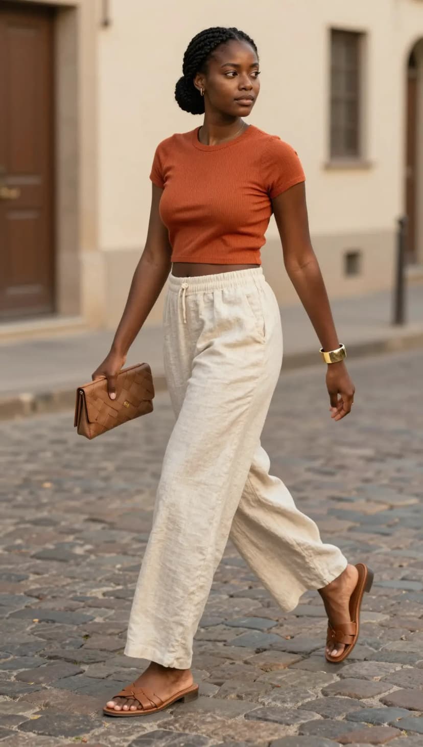 Rust Ribbed Crop Top + Cream Linen Wide-Leg Pants + Brown Woven Slides