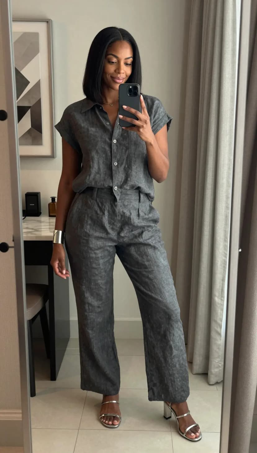 Charcoal Linen Button-Up Shirt + Charcoal Linen Wide-Leg Trousers + Silver Strappy Heels