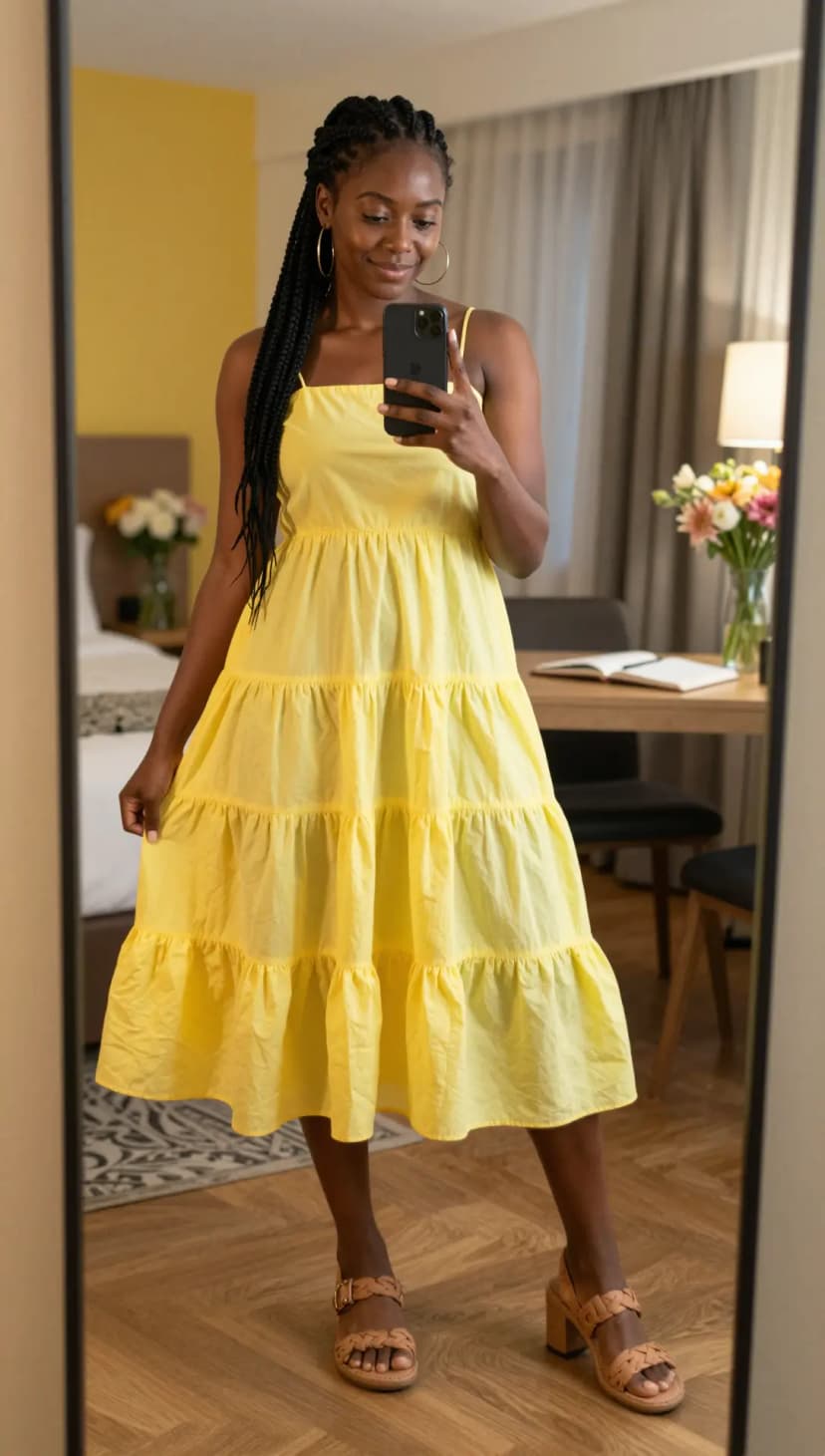 Yellow Cotton Tiered Midi Dress + Tan Leather Braided Heeled Sandals