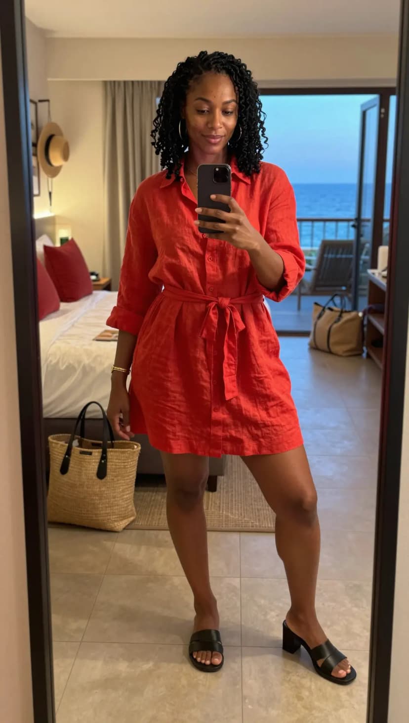 Red Linen Shirt Dress + Black Leather Block Heel Mules + Woven Straw Tote Bag