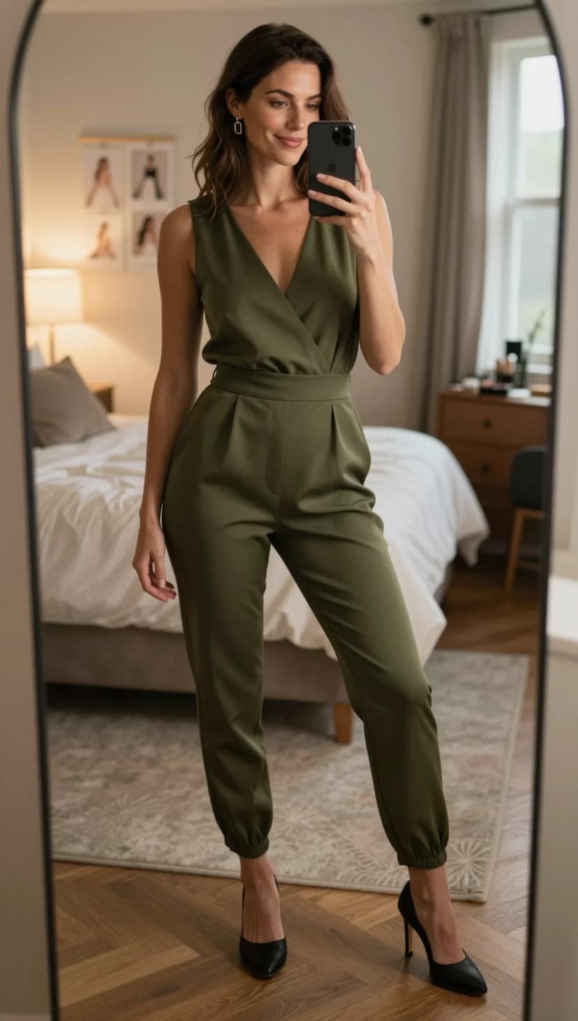 Olive Satin Sleeveless Jumpsuit + Black Pointed-Toe Heels