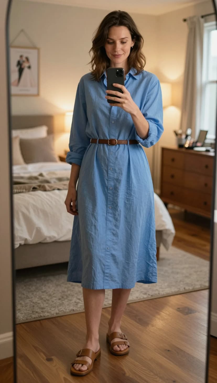 Sky Blue Cotton Shirtdress + Brown Leather Belt + Tan Slide Sandals