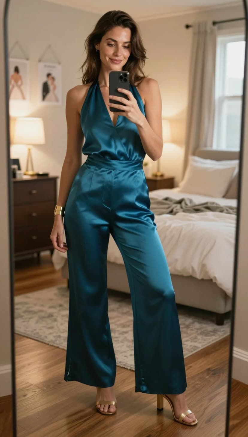 Teal Satin Halter Jumpsuit + Gold Strappy Heels