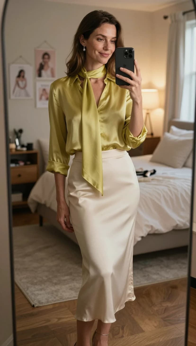Yellow Silk Button-Down Top + Cream Satin Midi Skirt