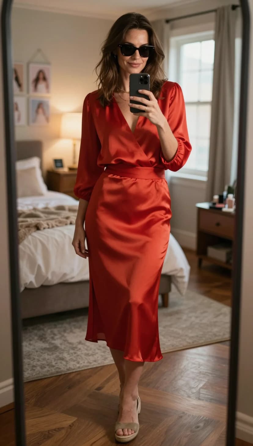 Orange Satin Wrap Midi Dress + Beige Espadrille Wedges