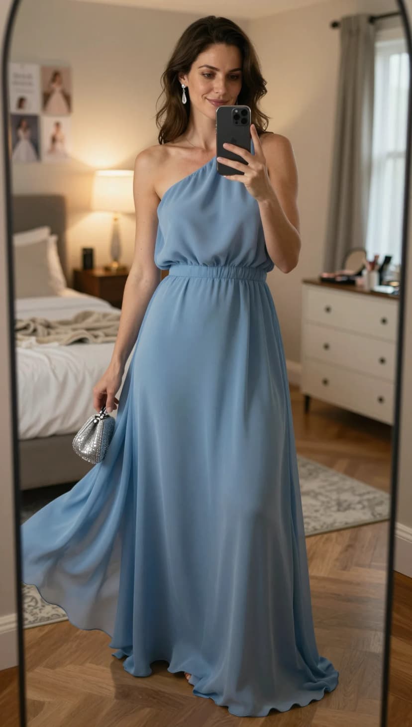 Blue Chiffon One-Shoulder Gown + Silver Embellished Clutch