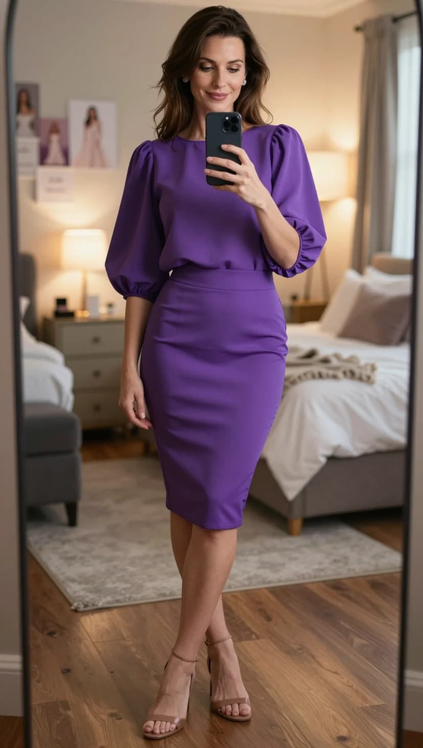 Purple Puff Sleeve Top + Purple Pencil Skirt + Nude Strappy Heels