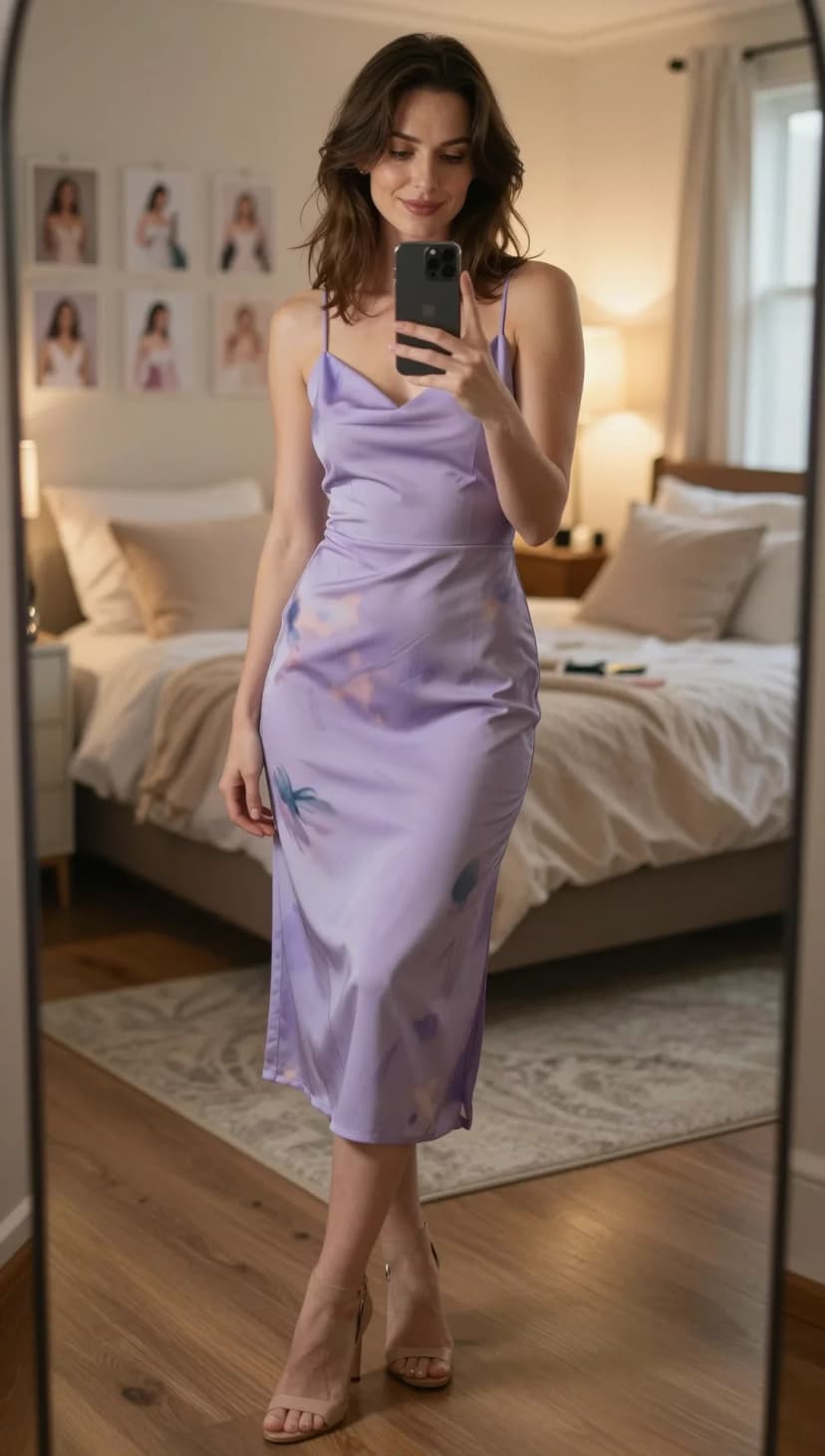 Lilac Floral Print Satin Slip Dress + Nude Strappy Heels