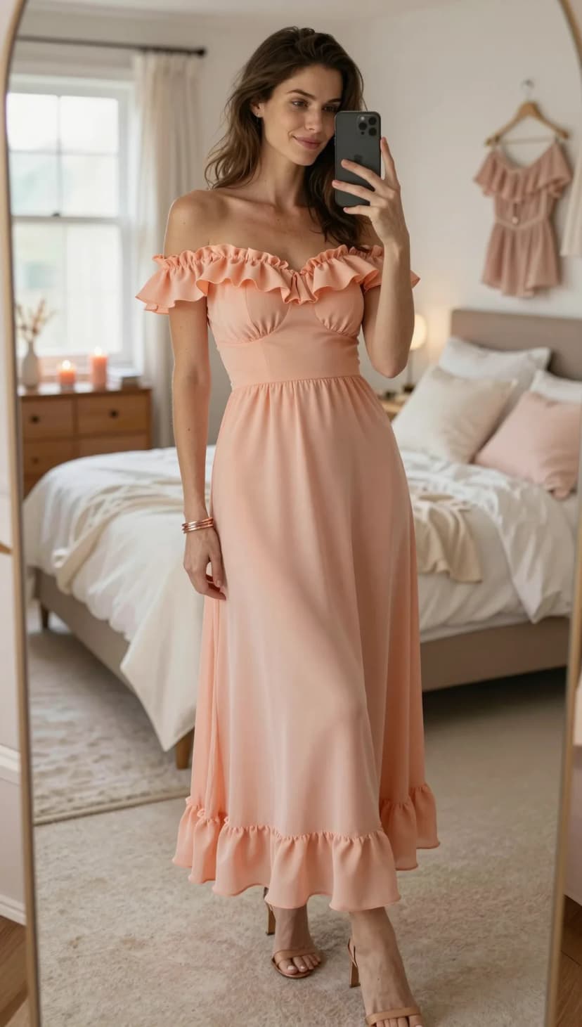 Peach Chiffon Off-The-Shoulder Ruffle Maxi Dress + Nude Strappy Heels + Rose Gold Bangles