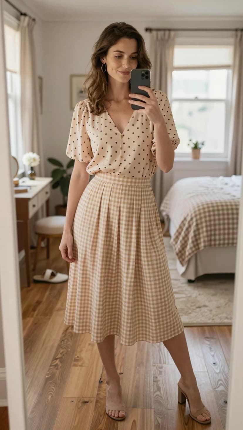 Cream Polka Dot Blouse + Beige Gingham Midi Skirt + Nude Block Heels