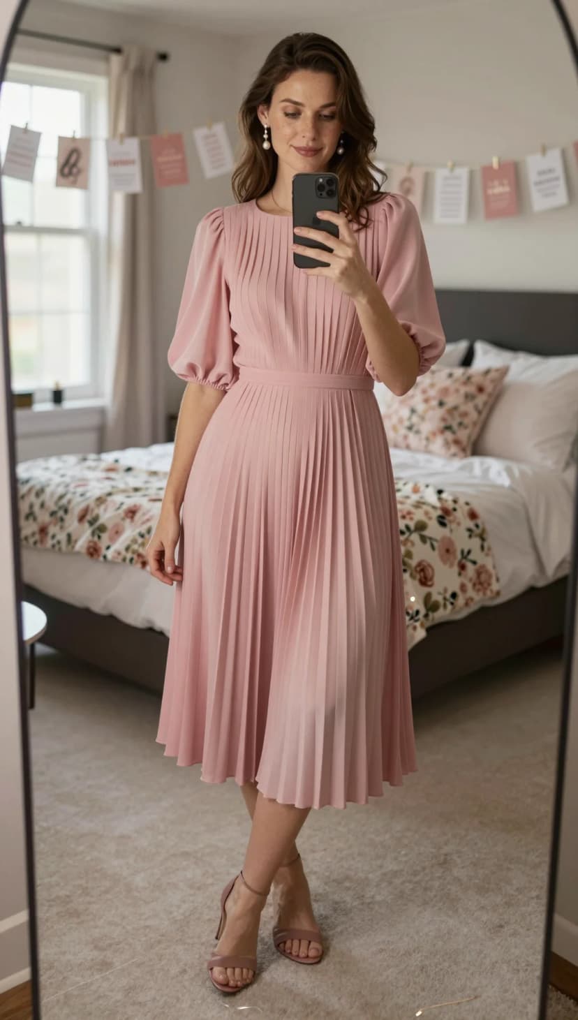 Blush Pink Pleated Midi Dress + Blush Pink Strappy Heels