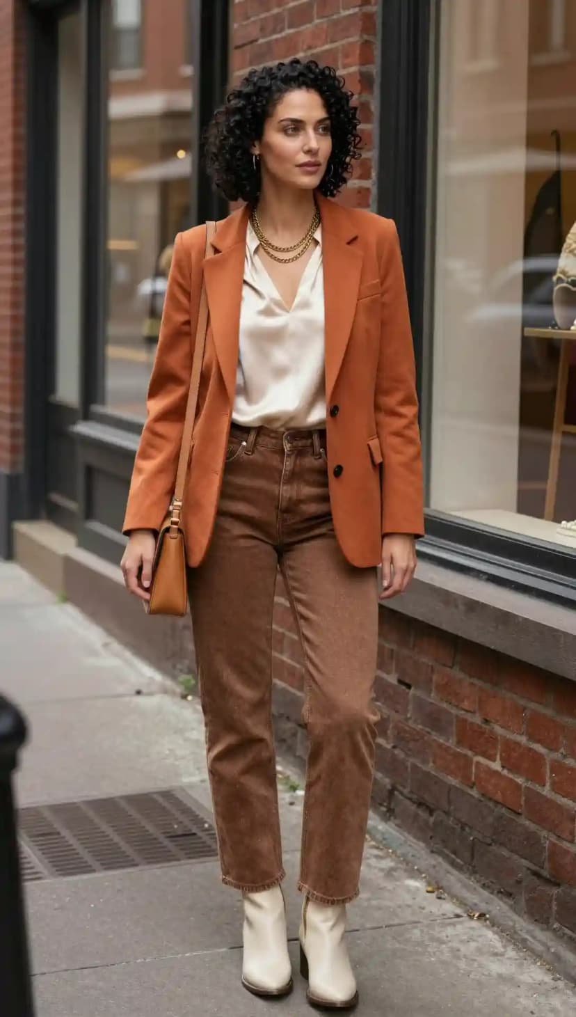 Cream Satin Blouse + Brown Corduroy Pants + Rust Blazer
