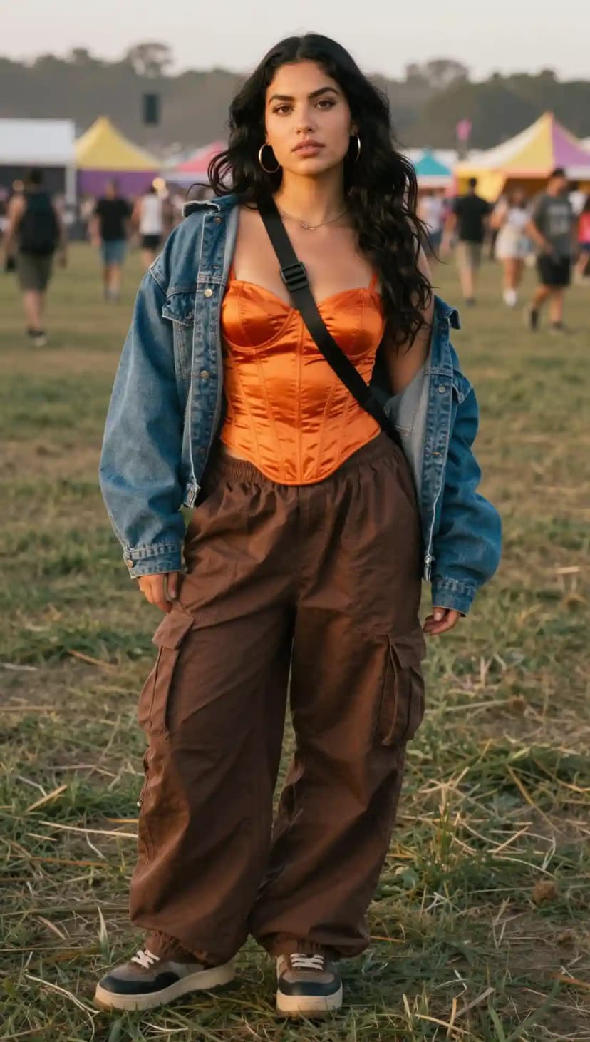 Orange Satin Corset + Blue Denim Jacket + Brown Cargo Pants