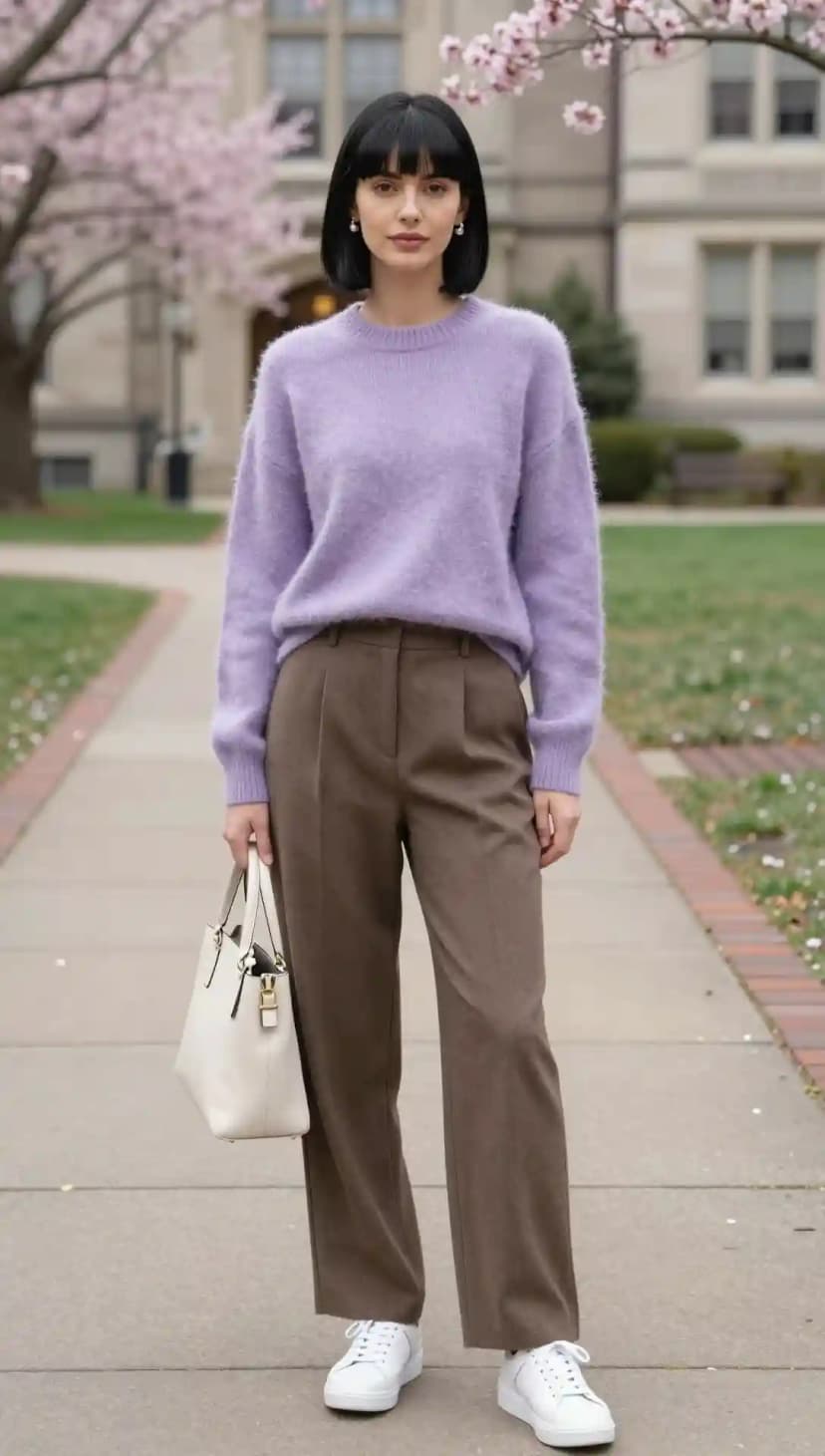 Lilac Fuzzy Knit Sweater + Brown Wool Trousers + White Leather Sneakers