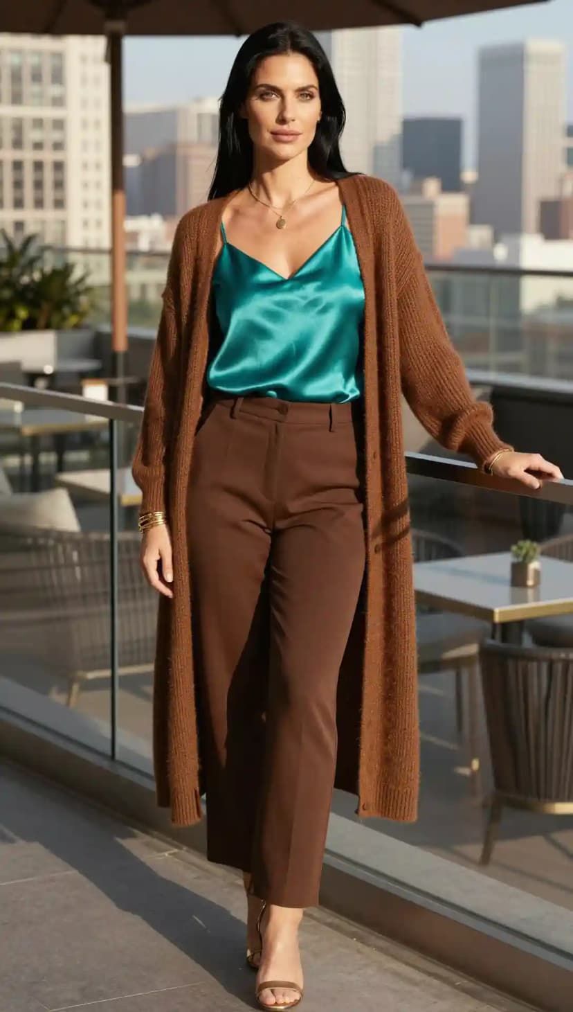 Brown Wool Cardigan + Teal Silk Camisole + Brown Wool Trousers