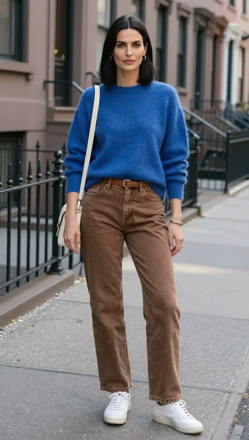 Royal Blue Mohair Sweater + Brown Twill Jeans