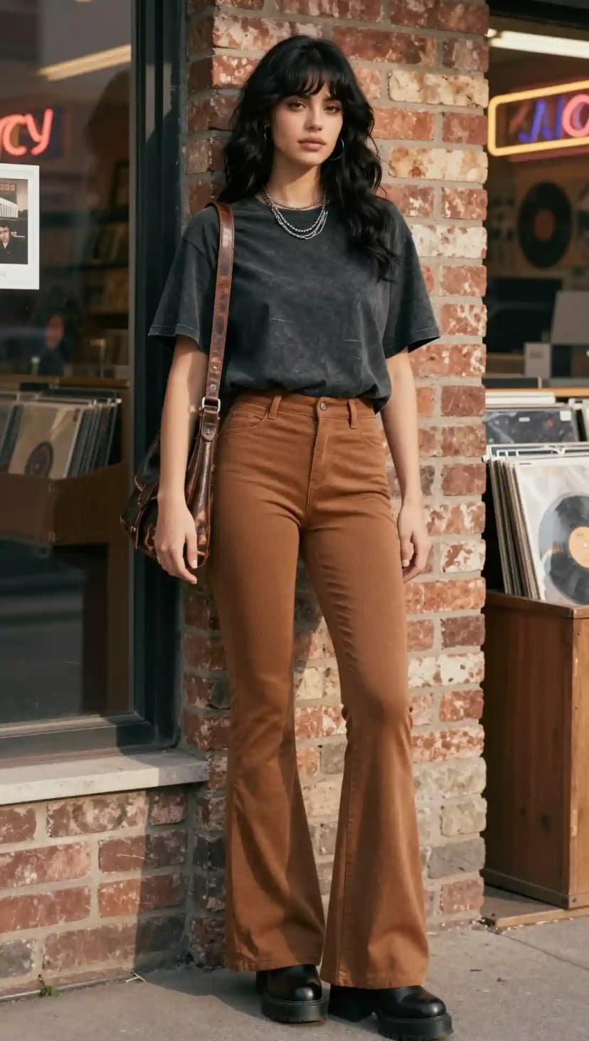 Charcoal Washed Cotton T-Shirt + Brown Corduroy Flare Pants + Black Leather Platform Boots