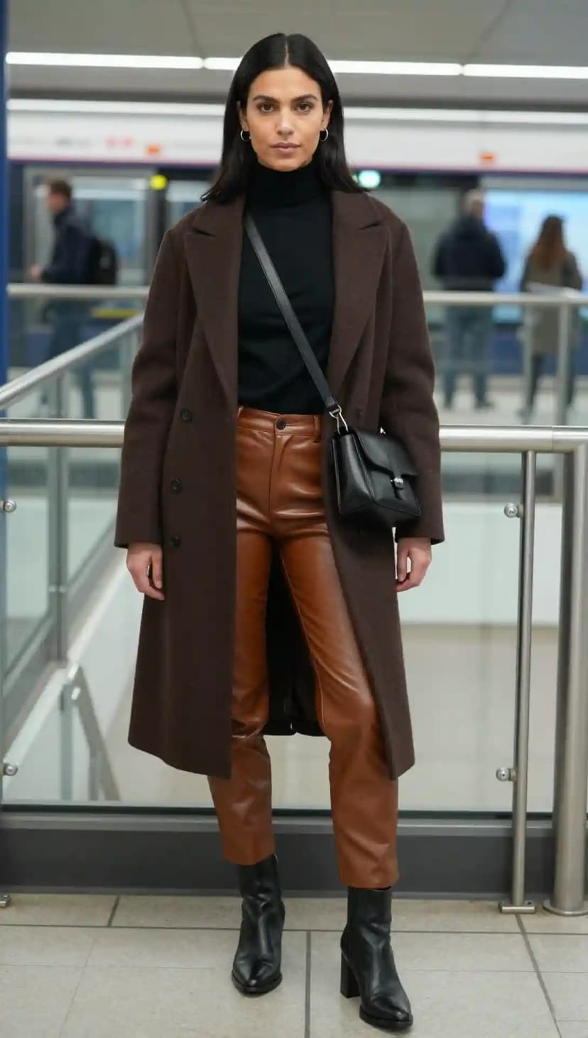 Black Turtleneck Top + Brown Faux Leather Trousers + Brown Wool Coat + Black Leather Ankle Boots