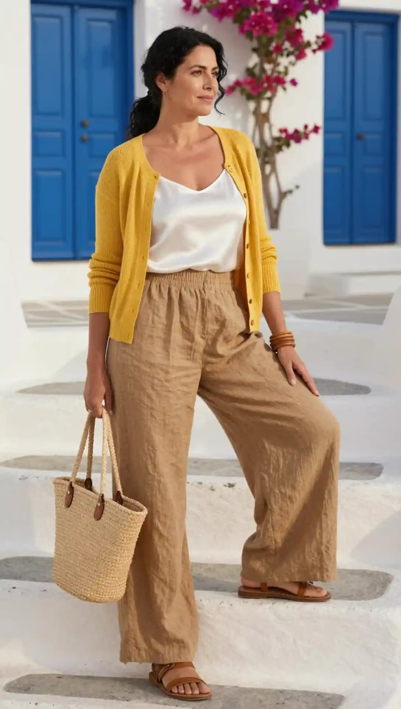 Yellow Knit Cardigan + White Satin Camisole + Brown Linen Wide-Leg Pants