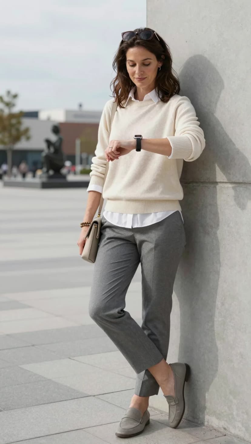 Cream Cashmere Sweater + White Poplin Button-Down Shirt + Grey Wool Trousers + Taupe Suede Loafers