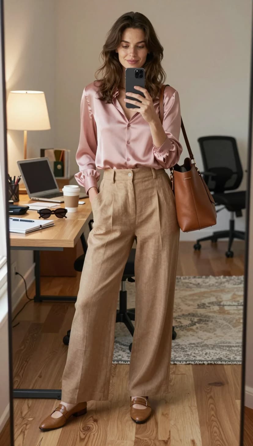 Pink Silk Button-Down Shirt + Beige Linen Trousers + Brown Leather Mary Janes + Brown Leather Tote Bag