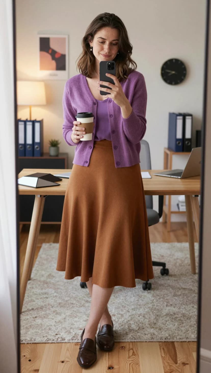 Purple Knit Cardigan + Purple V-Neck Top + Brown A-Line Midi Skirt + Dark Brown Loafers