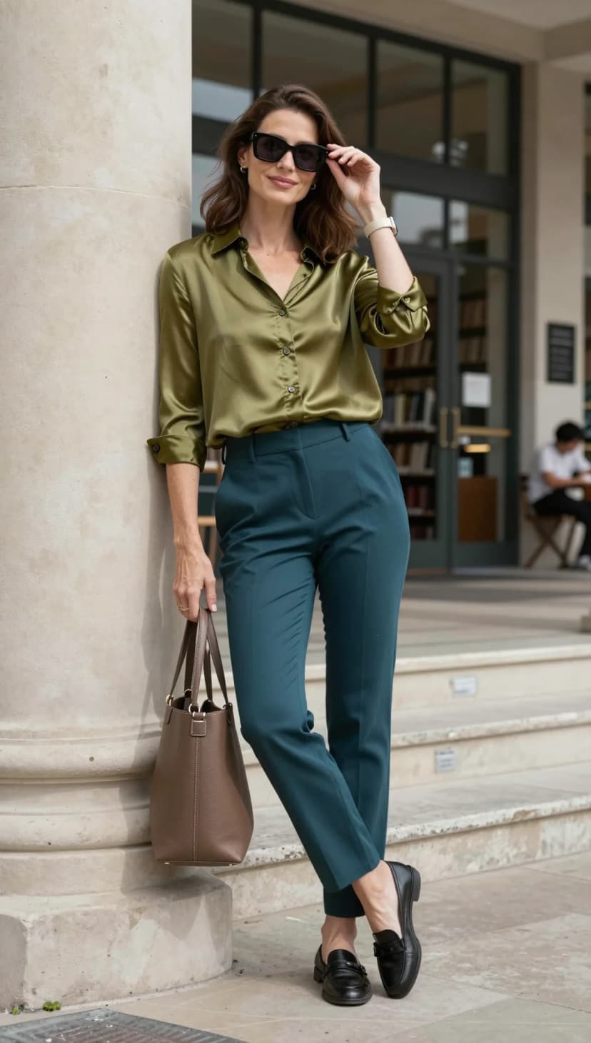 Olive Satin Button-Down Shirt + Teal Tailored Trousers + Black Leather Loafers