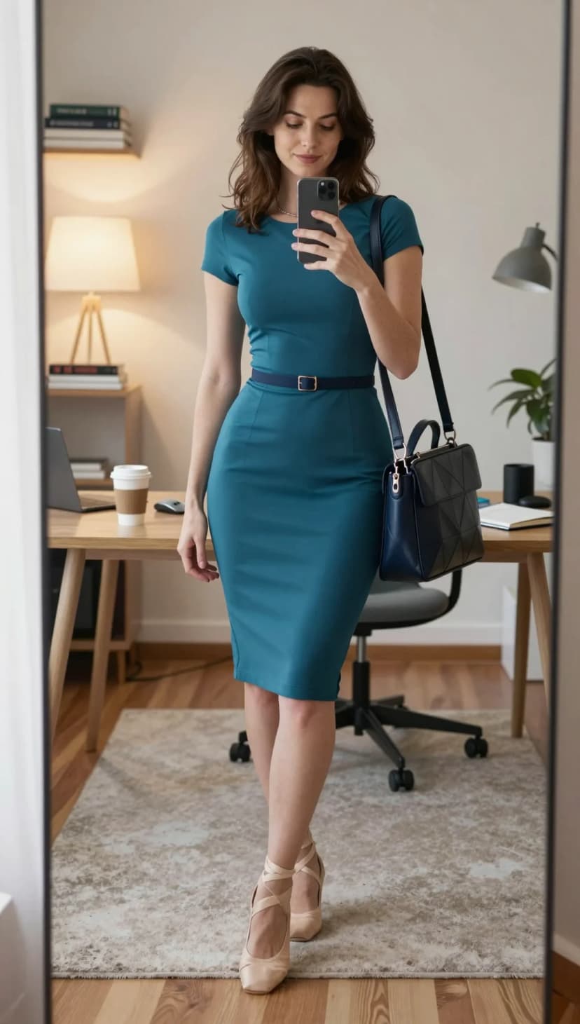 Teal Cap Sleeve Sheath Dress + Navy Skinny Belt + Nude Strappy Heels + Navy Structured Tote Bag
